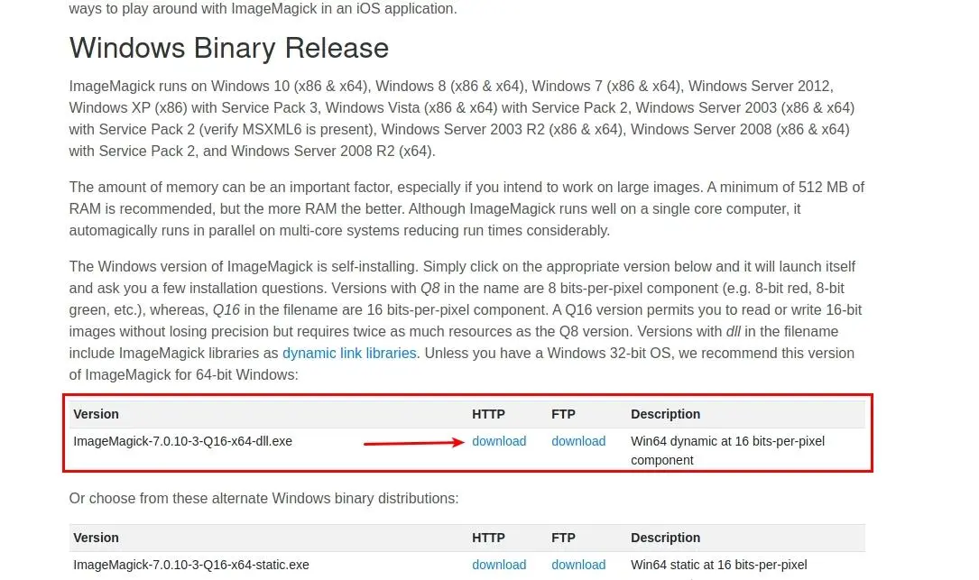 Сторінка завантаження ImageMagick для Windows
