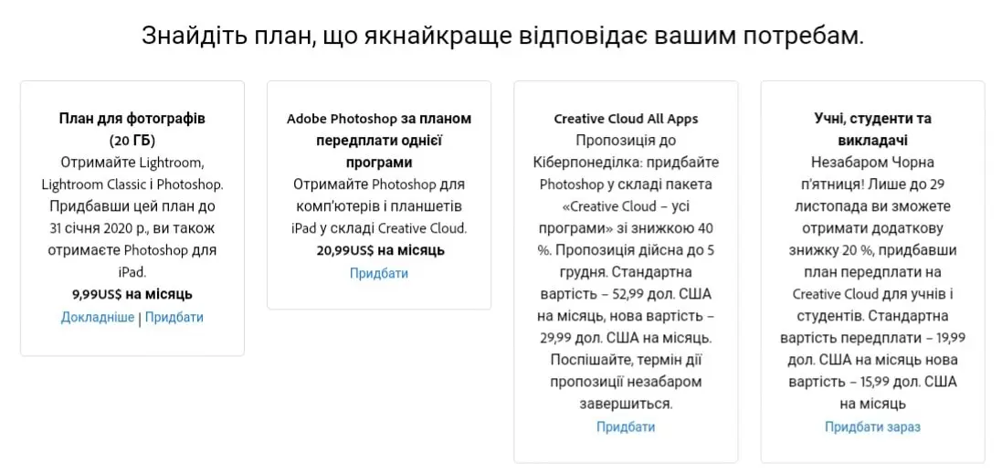 Ціни Photoshop