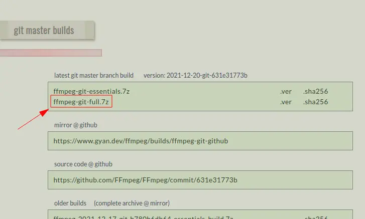 Звантаження FFmpeg для Windows