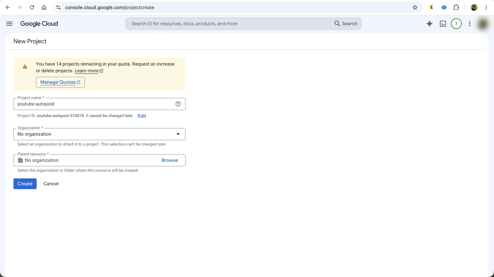 Створення нового проєкту в Google Cloud Console