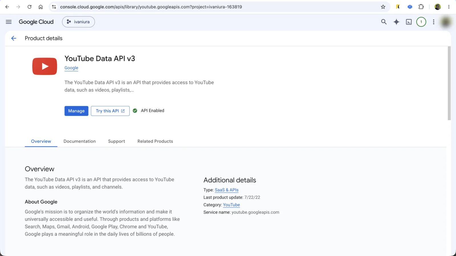 YouTube Data API v3 увімкнено в проєкті