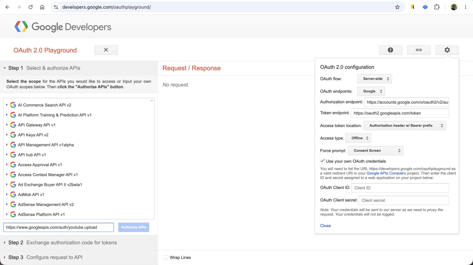 OAuth Playground: власні credentials і scope youtube.upload