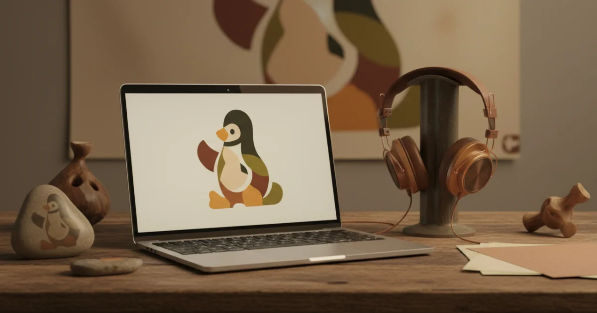 creative desk with laptop headphones and abstract linux shapes