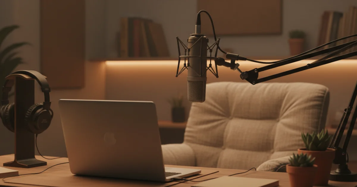 home creator setup with microphone laptop and ambient light