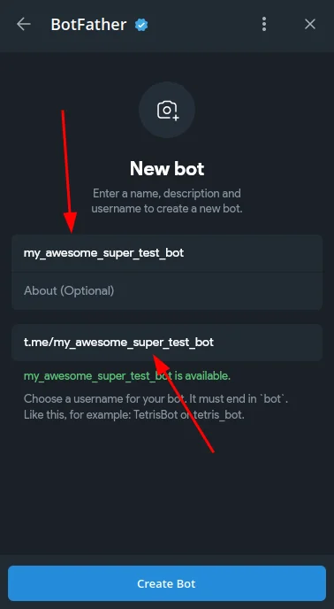 Наповнення імені та слагу нового бота в Telegram